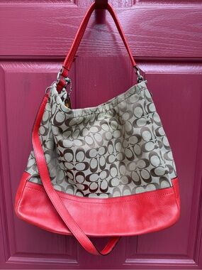 Coach Signature Canvas Hobo Bag with Red Leather Trim
